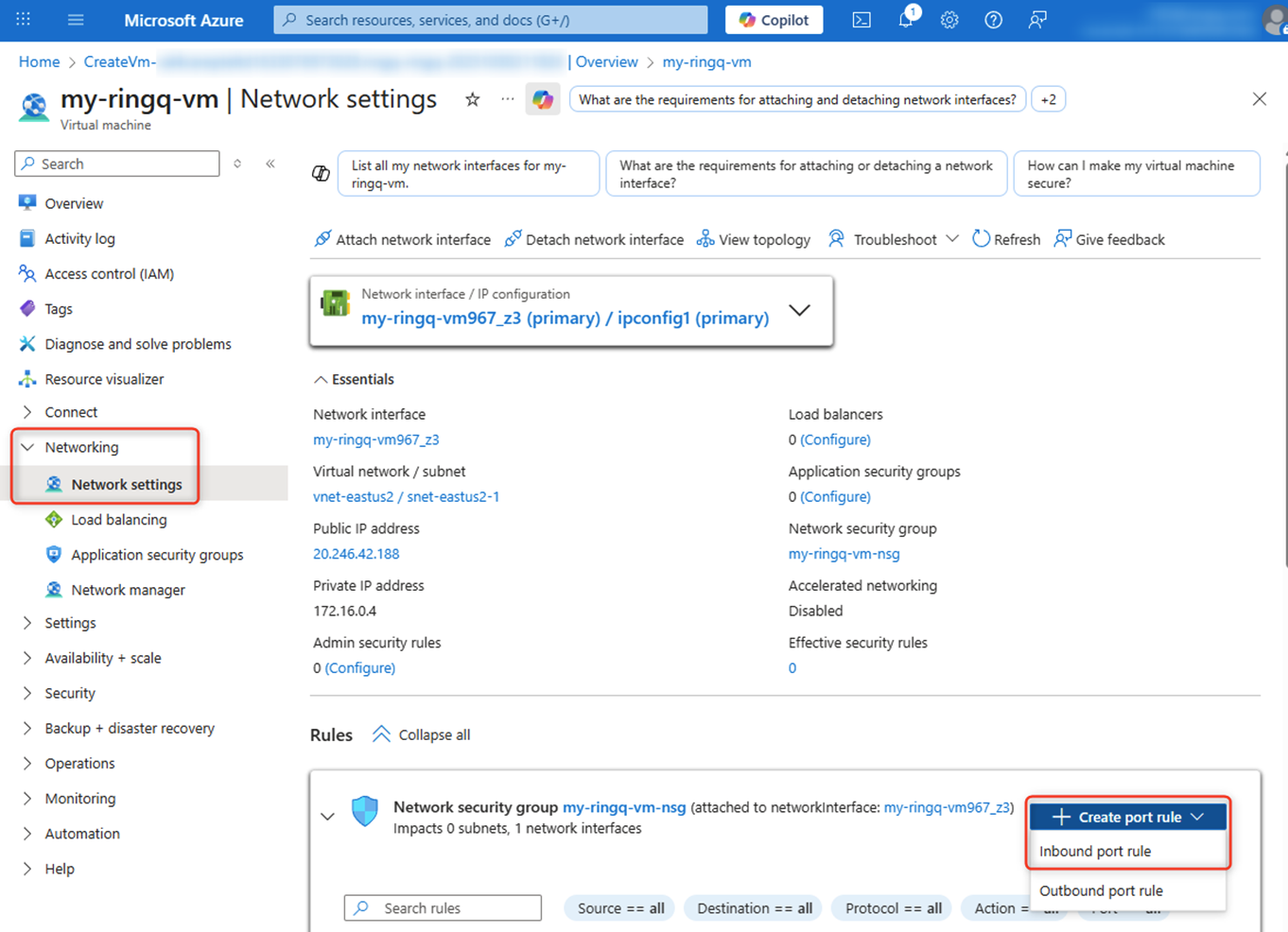 Azure server network settings